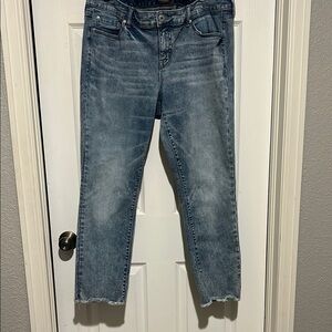 Chico's Blue Ankle Cropped Jeans with Distressed Hem